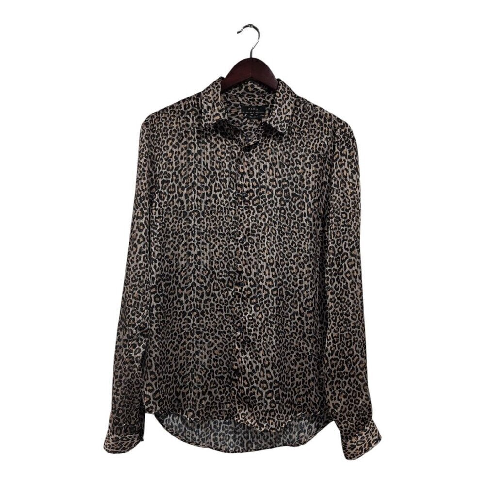 Zara Women's Leopard Print Collared Long Sleeve Button Down Dress Shirt Sz Small